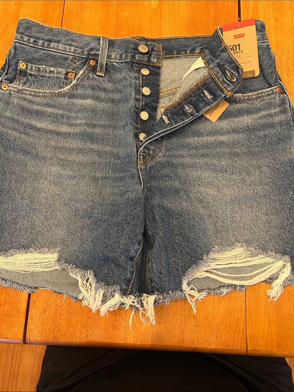 Levi's Distressed High-Rise Button-Fly Jean Shorts in Blue
